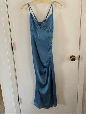 Hello Molly blue satin slip maxi dress open back high slit Size Medium